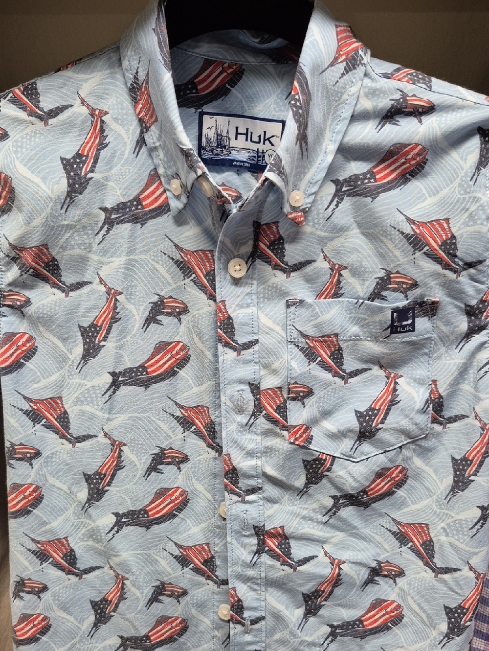 Huk Youth Light Blue Flag Marlin Short-Sleeve Button-Up Shirt
